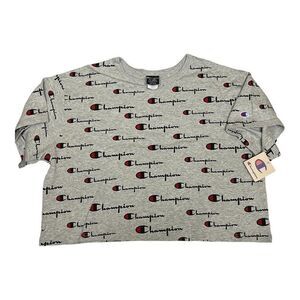 Champion All Over‎ Print Crop T-Shirt Script logo Red Blue Grey